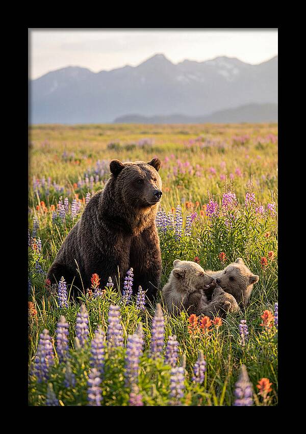 Grizzly Bear Family In Blooming Meadow