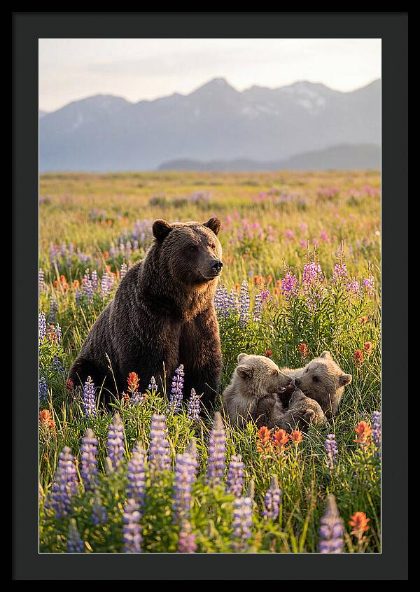 Grizzly Bear Family In Blooming Meadow