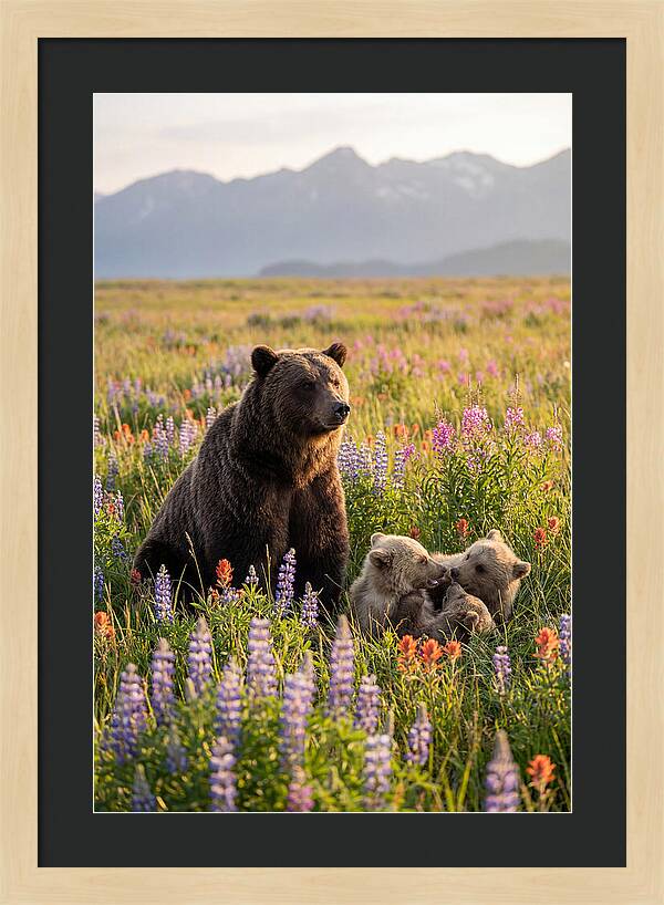 Grizzly Bear Family In Blooming Meadow