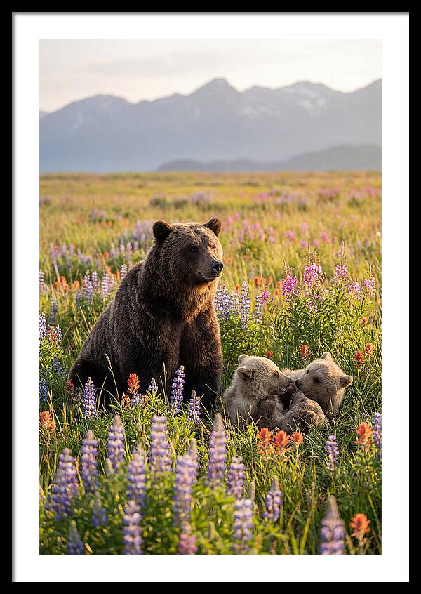 Grizzly Bear Family In Blooming Meadow