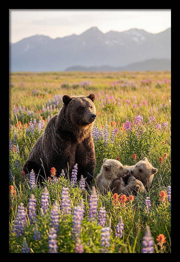 Grizzly Bear Family In Blooming Meadow