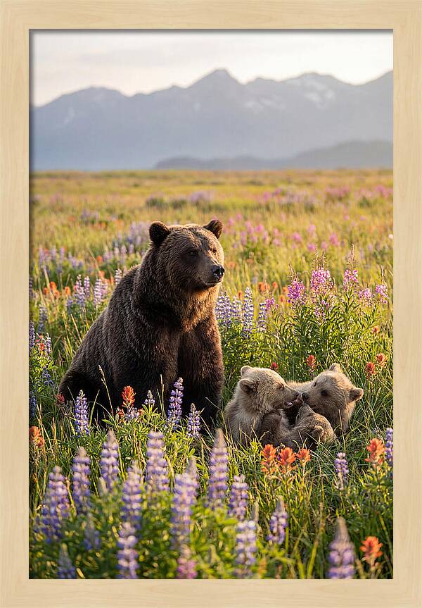 Grizzly Bear Family In Blooming Meadow
