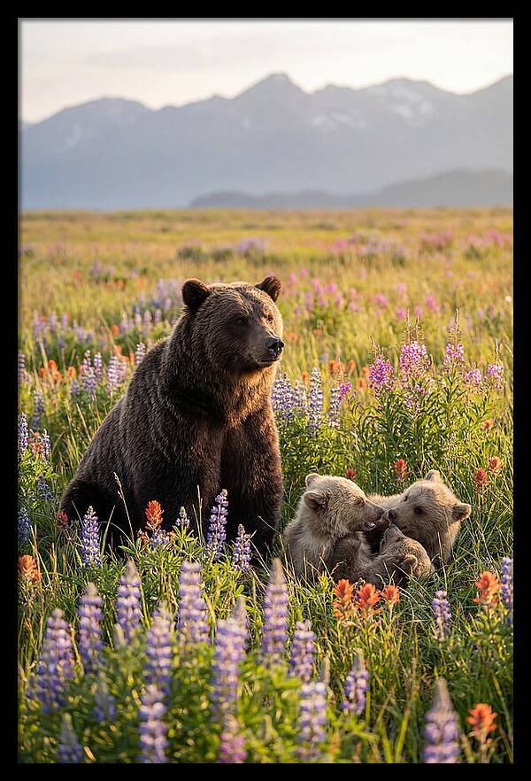 Grizzly Bear Family In Blooming Meadow