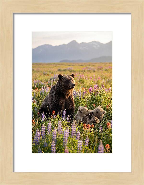 Grizzly Bear Family In Blooming Meadow