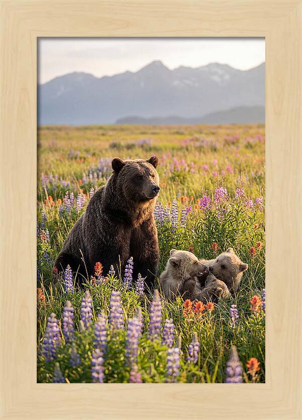 Grizzly Bear Family In Blooming Meadow