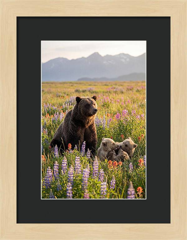 Grizzly Bear Family In Blooming Meadow