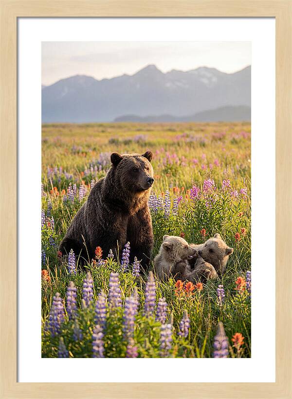 Grizzly Bear Family In Blooming Meadow