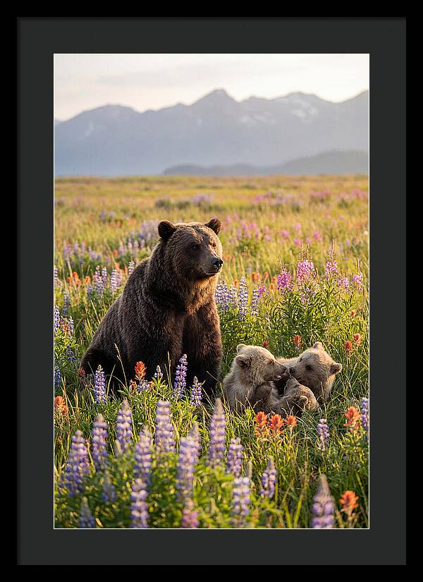 Grizzly Bear Family In Blooming Meadow