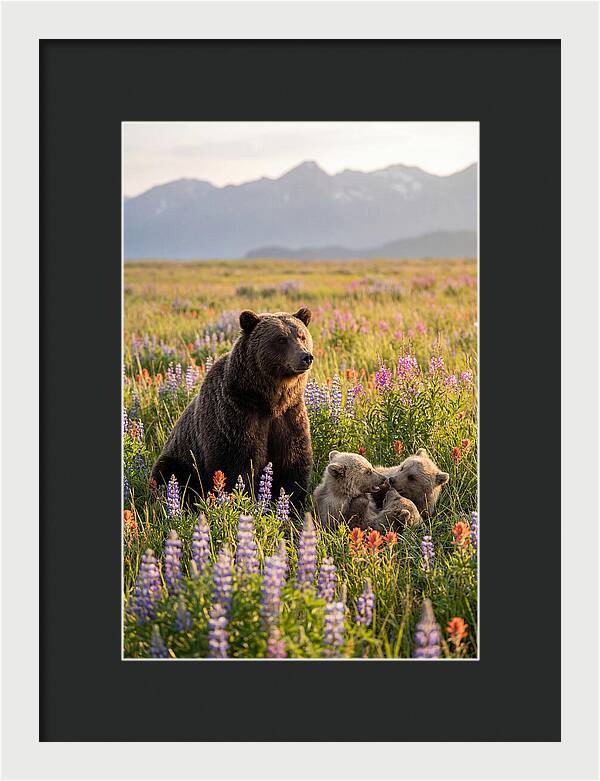 Grizzly Bear Family In Blooming Meadow