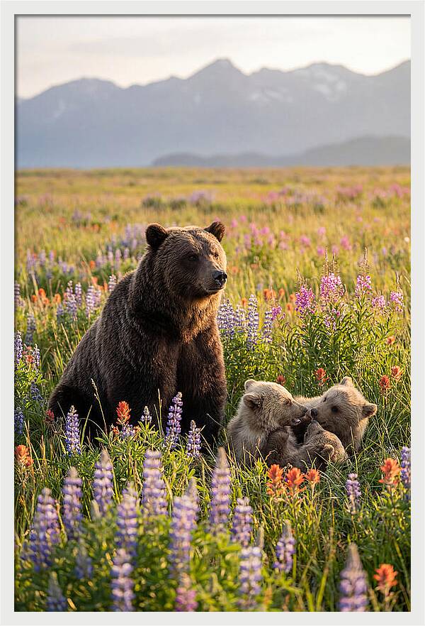 Grizzly Bear Family In Blooming Meadow