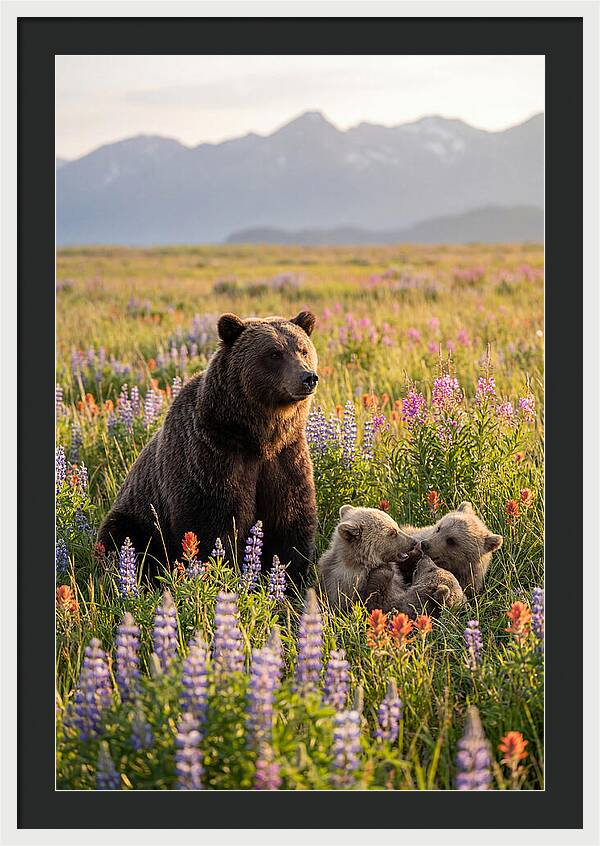 Grizzly Bear Family In Blooming Meadow