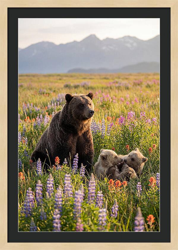 Grizzly Bear Family In Blooming Meadow