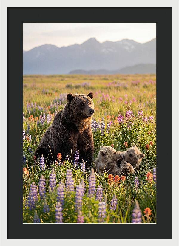 Grizzly Bear Family In Blooming Meadow
