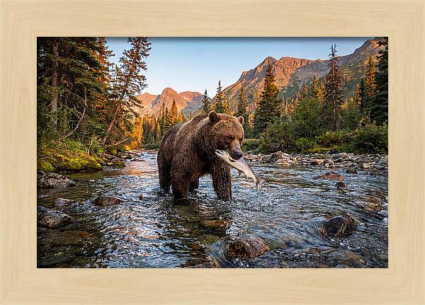 Grizzly Bear Fishing At Sunset