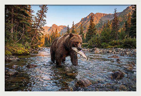 Grizzly Bear Fishing At Sunset