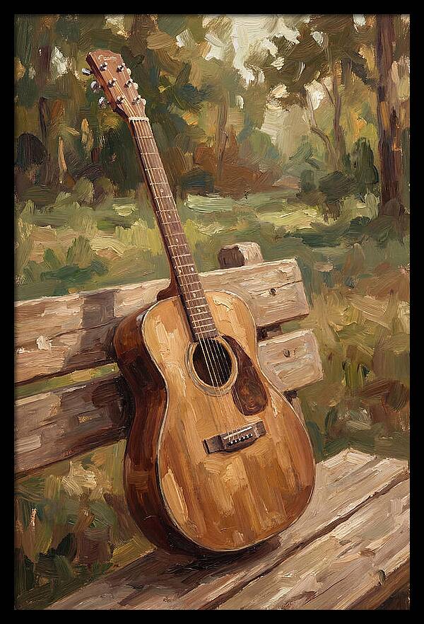 Guitar On A Rustic Bench