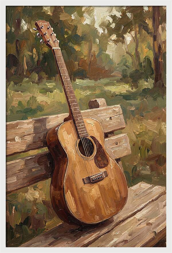 Guitar On A Rustic Bench