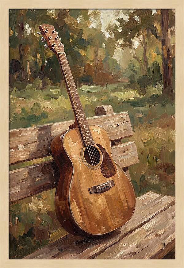 Guitar On A Rustic Bench