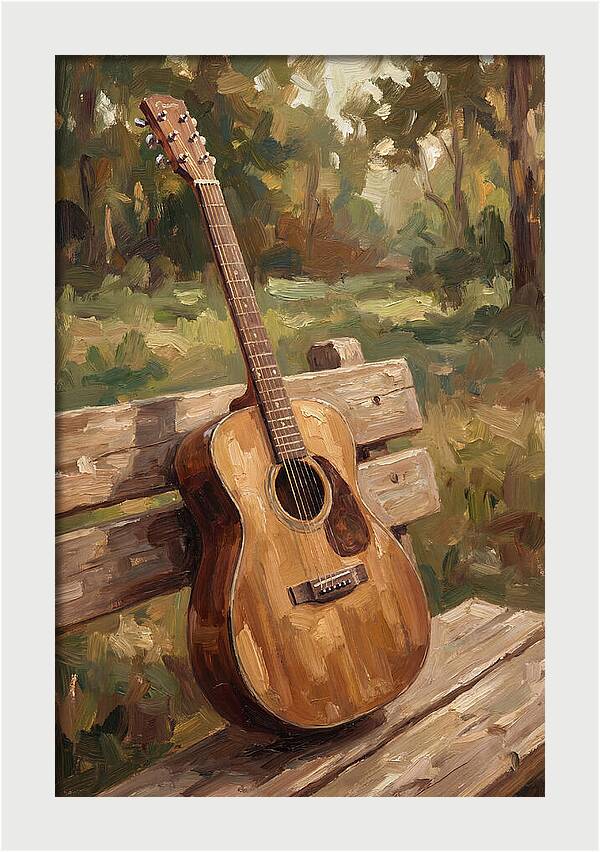 Guitar On A Rustic Bench