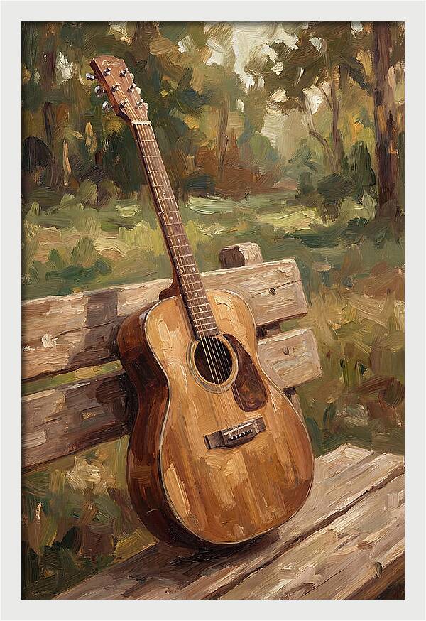 Guitar On A Rustic Bench