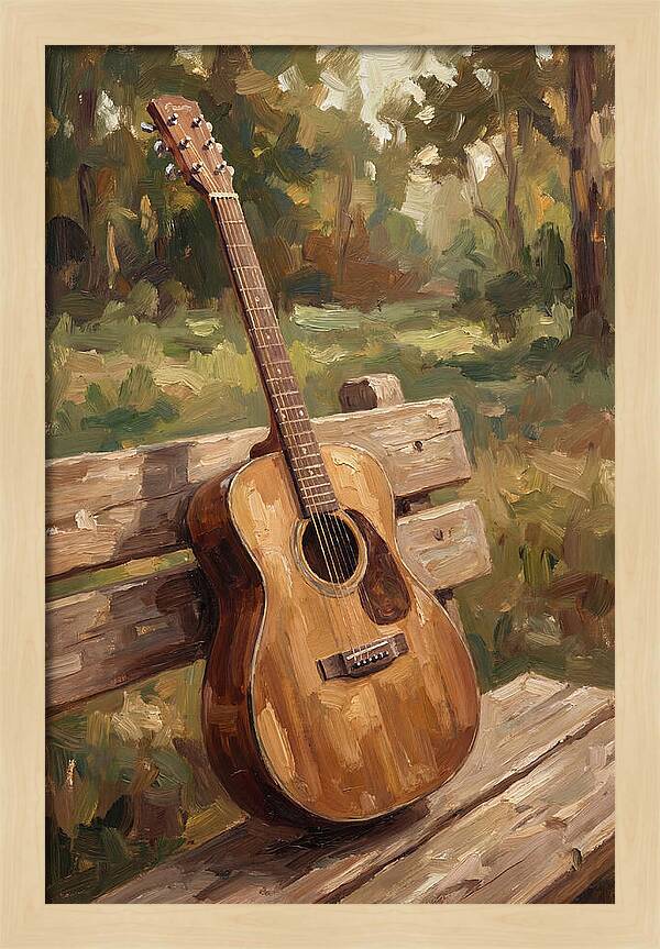 Guitar On A Rustic Bench