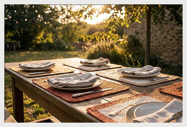 Hand Woven Placemats On Farmhouse Table