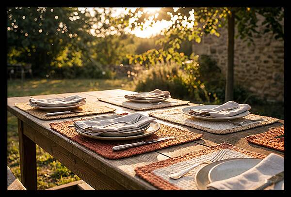 Hand Woven Placemats On Farmhouse Table