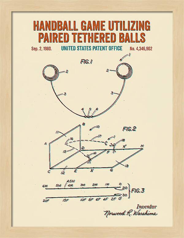 Handball Game Utilizing Paired Tethered Balls Retro Patent Us4346902
