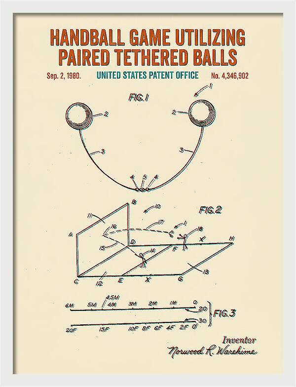 Handball Game Utilizing Paired Tethered Balls Retro Patent Us4346902