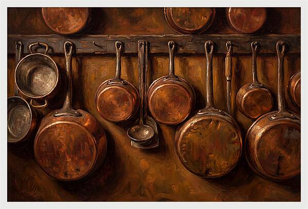 Hanging Copper Pots In A Rustic Kitchen