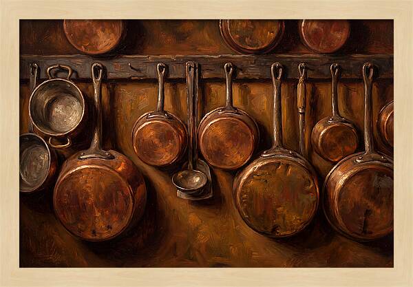Hanging Copper Pots In A Rustic Kitchen