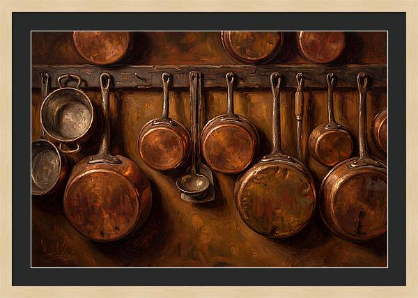 Hanging Copper Pots In A Rustic Kitchen