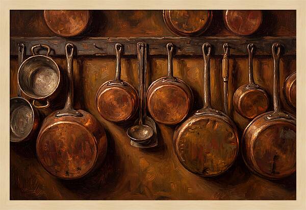 Hanging Copper Pots In A Rustic Kitchen