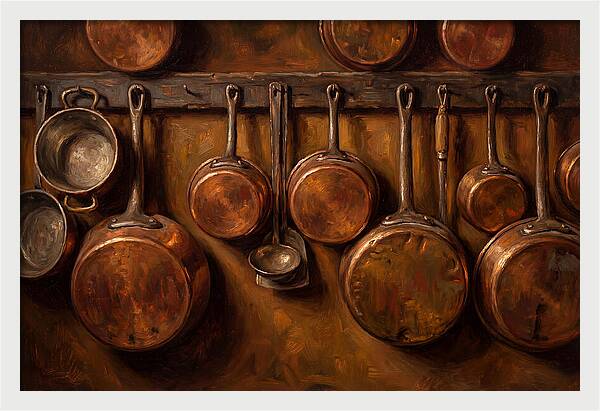 Hanging Copper Pots In A Rustic Kitchen