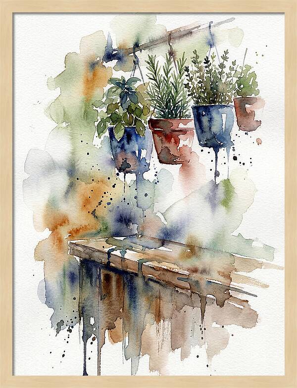Hanging Kitchen Herbs Watercolor