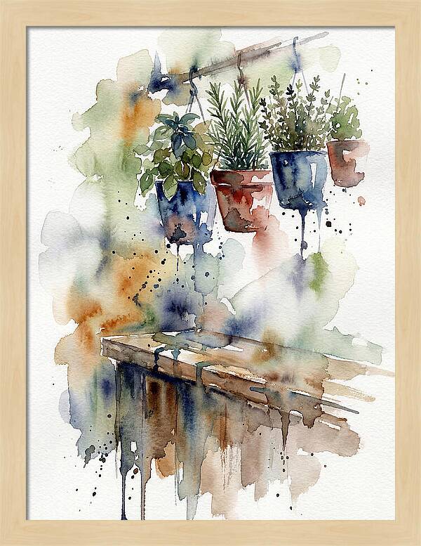 Hanging Kitchen Herbs Watercolor