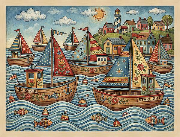 Harbor Boats In Folk Style