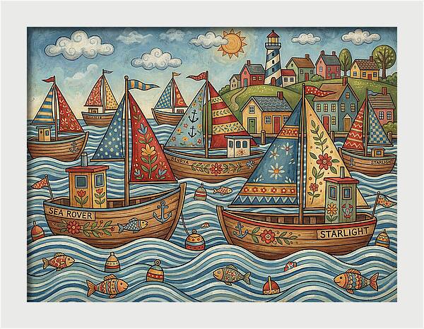 Harbor Boats In Folk Style