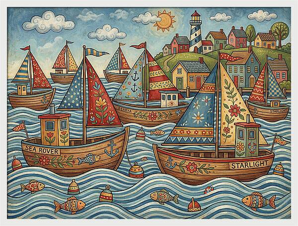 Harbor Boats In Folk Style