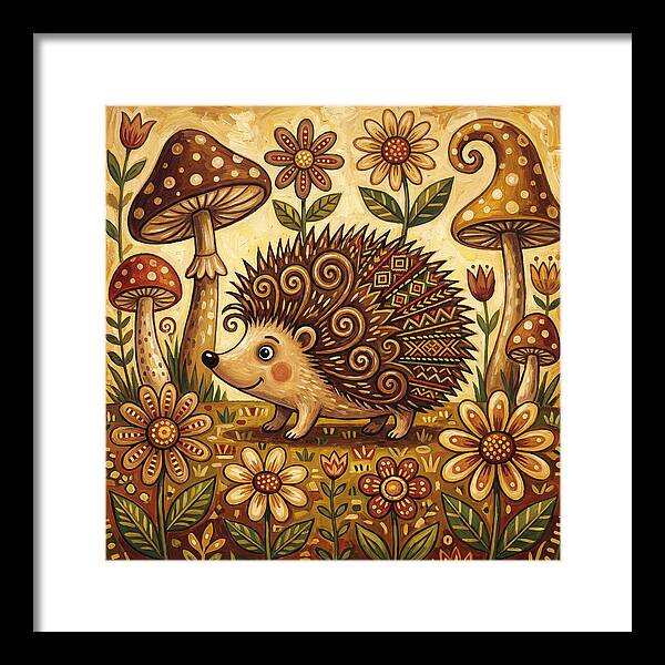 Hedgehog Among Flowers And Mushrooms