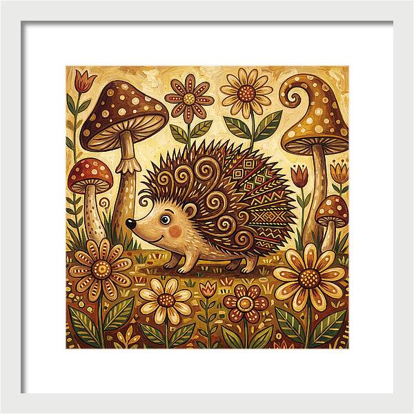 Hedgehog Among Flowers And Mushrooms