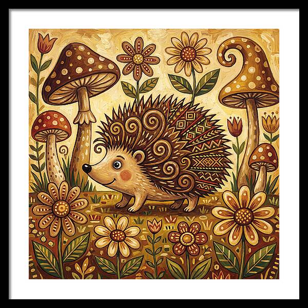 Hedgehog Among Flowers And Mushrooms