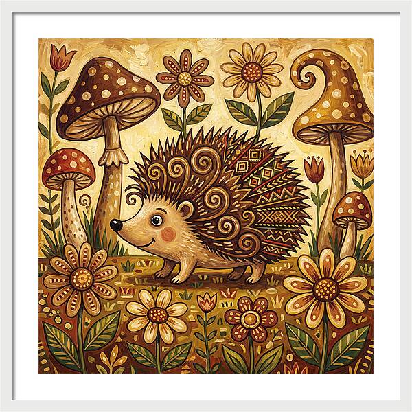 Hedgehog Among Flowers And Mushrooms