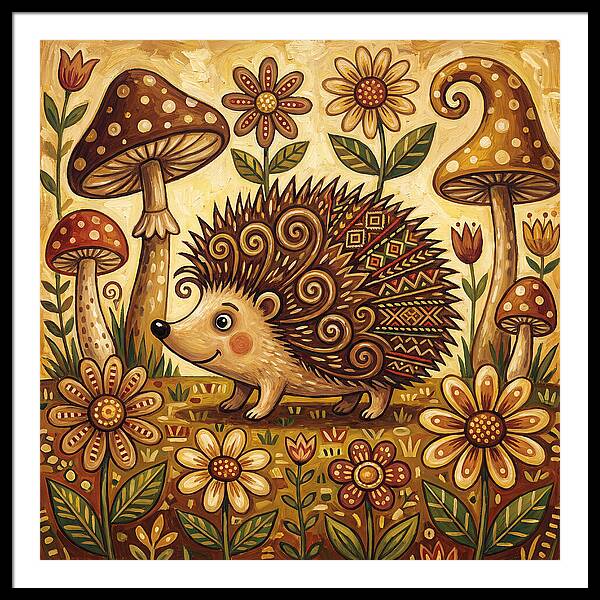 Hedgehog Among Flowers And Mushrooms