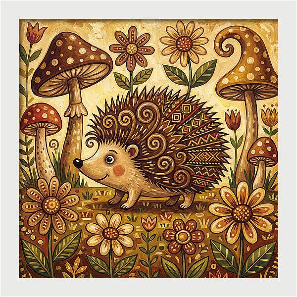 Hedgehog Among Flowers And Mushrooms