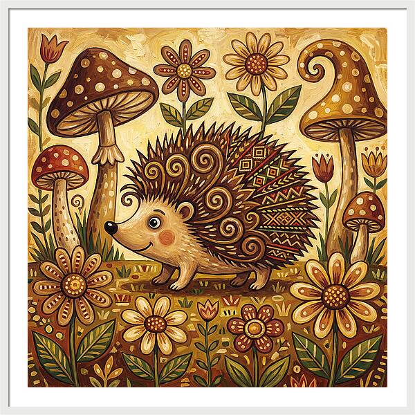 Hedgehog Among Flowers And Mushrooms