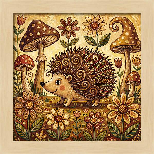 Hedgehog Among Flowers And Mushrooms