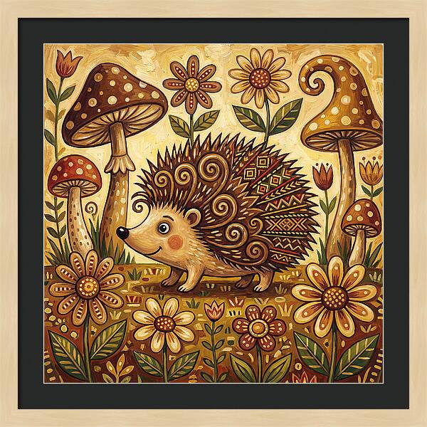 Hedgehog Among Flowers And Mushrooms