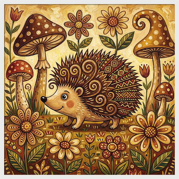 Hedgehog Among Flowers And Mushrooms