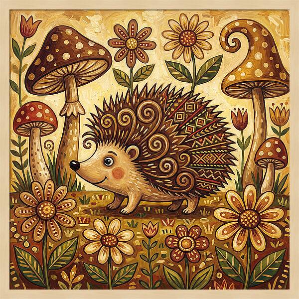 Hedgehog Among Flowers And Mushrooms